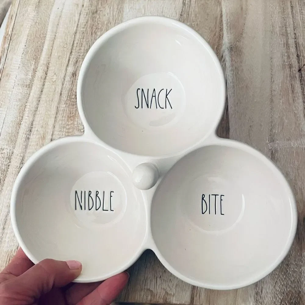 NWT Gorgeous Rae Dunn white Ceramic set of 3 attached bowls SNACK BITE NIBBLE